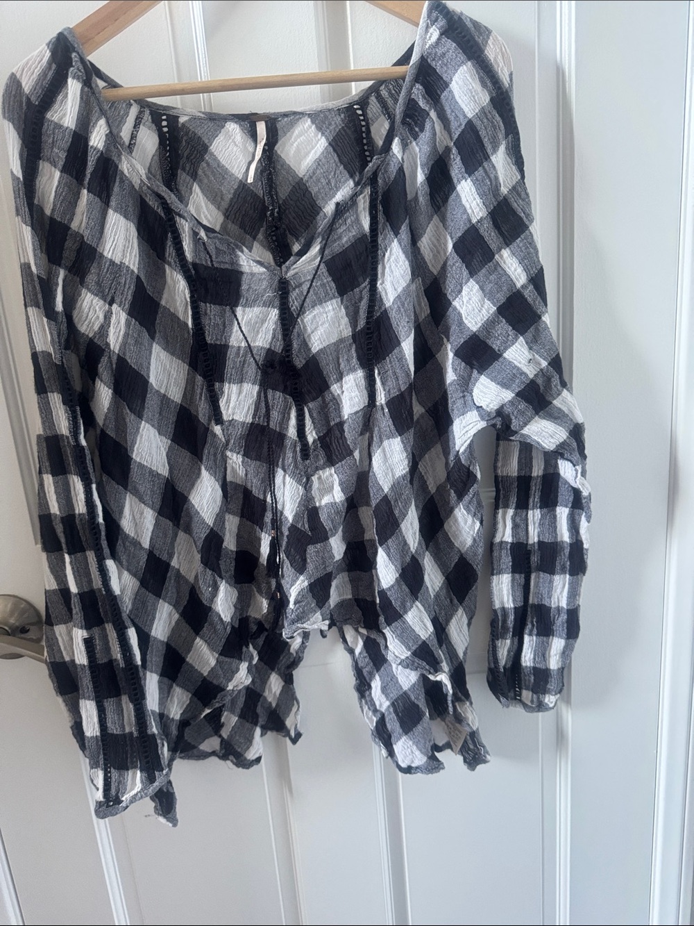Free People Black & White Textured Plaid Top